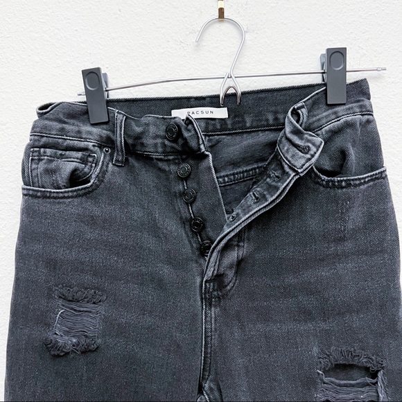 Pacsun High Rise Straight Leg Button Fly Distressed Black Raw Hem Jeans Size 25 - Picture 8 of 11